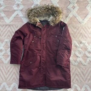 American Eagle Long Winter Coat Fur Lined Hood Sinch Waist Pockets